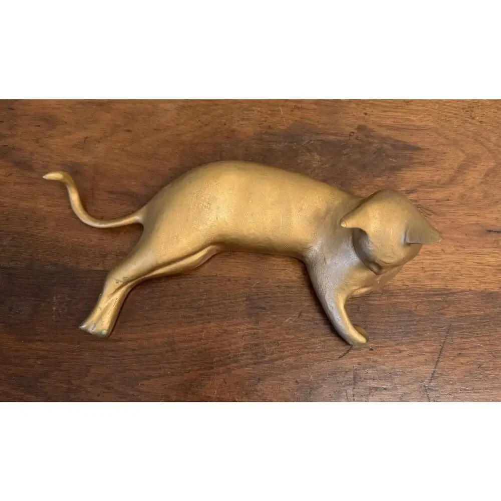 Vintage Solid Brass Reclining Cat Sculpture 11.25